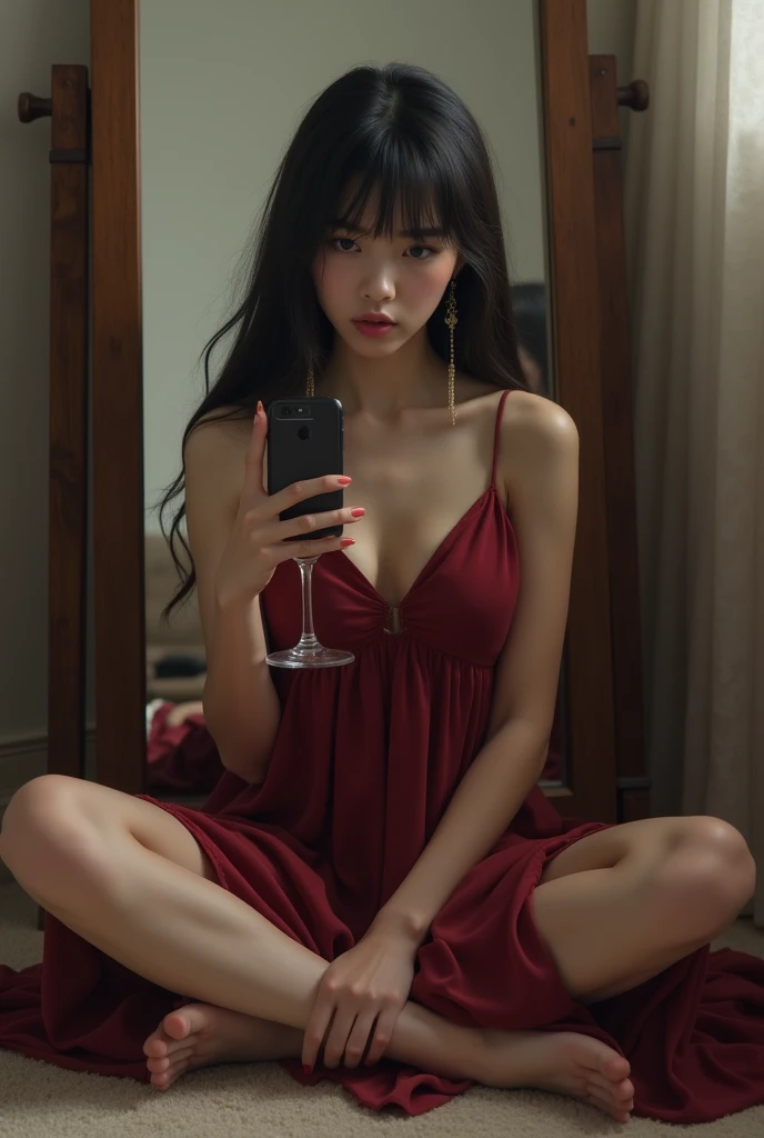 A girl took a photo in front of a mirror, wearing wine-red nightgown, sitting on the floor with her feet in an M shape, holding a phone in one hand and a glass of wine in the other superficially.