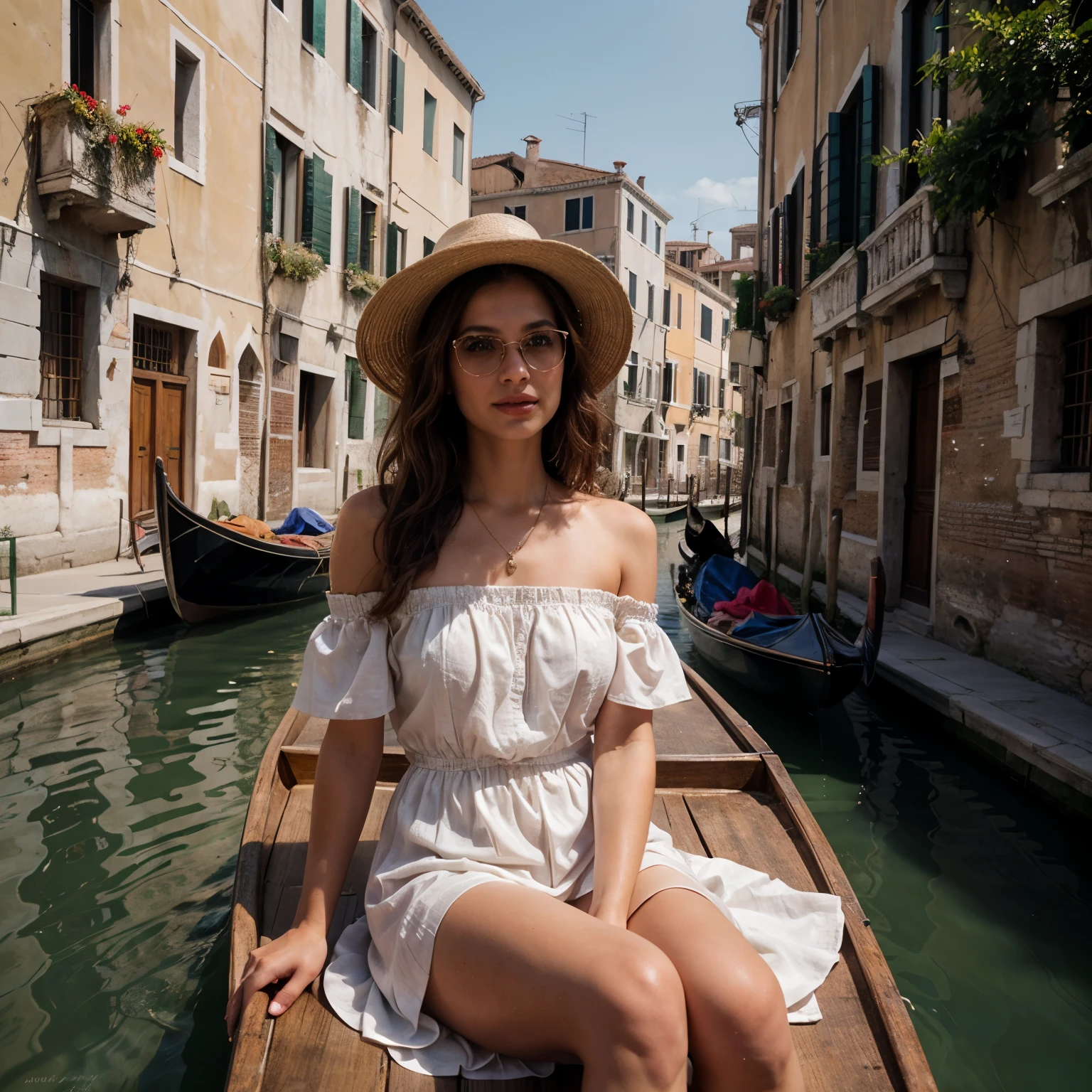 Canalside Charm:
"Tina Douthit, a 24-year-old model, is elegantly seated on a gondola gliding through Venice’s historic canals. Her off-the-shoulder summer dress flows gracefully, while a wide-brimmed hat and stylish sunglasses add a touch of glamour. The photorealistic image showcases the serene beauty of Venice, with its iconic architecture and reflective waters bathed in cinematic light. The soft colors and romantic ambiance make this shot perfect for a cover feature in a high-end travel magazine."