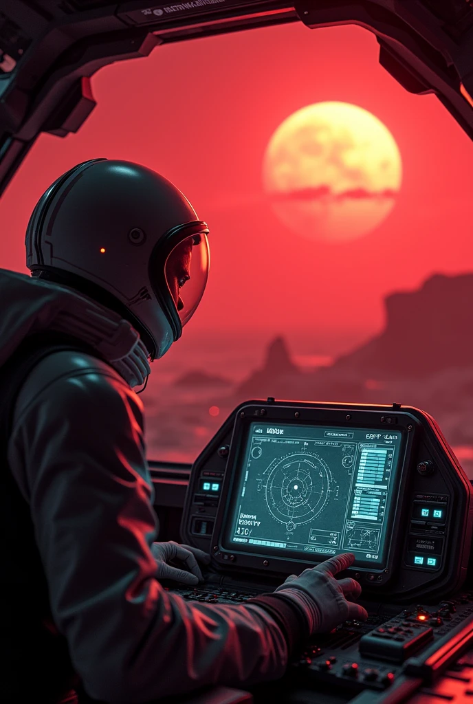 The astronaut pilot's cockpit monitor screen shows a mysterious signal on the radar., with the intensifying beeping sound adding to the tense atmosphere.The spaceship approached the planet with a dense red atmosphere and a terrifying landscape..