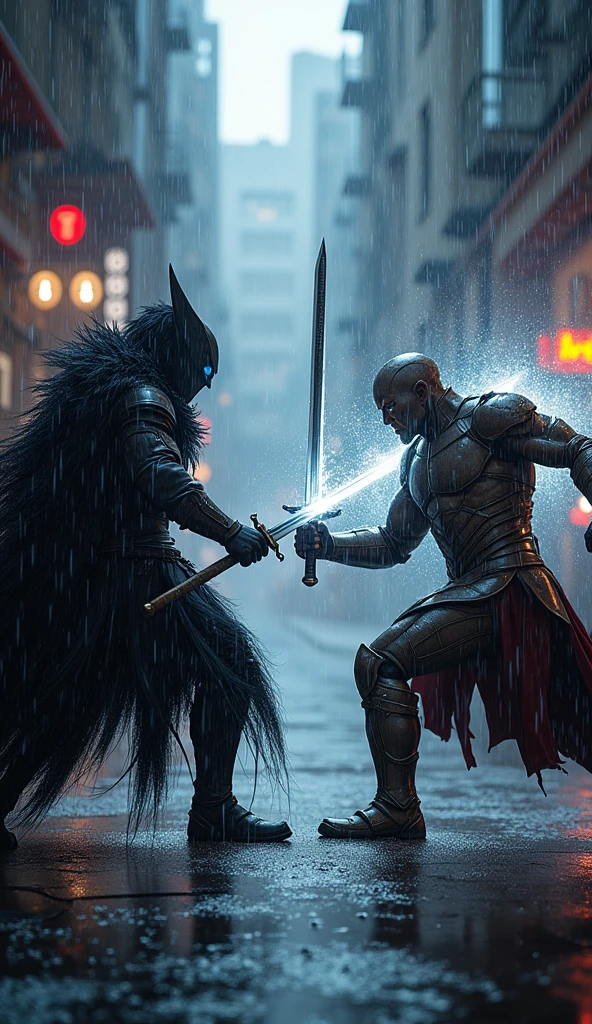 In a dimly lit, rain-soaked alleyway, Voltex confronts a skilled warrior clad in silver armor. The two clash, their swords sparking in the downpour. Voltex’s dark energy swirls around him as he parries and counters with deadly precision. As his opponent lunges forward, Voltex sidesteps and unleashes "Shadow Eclipse," a burst of dark power that shatters the rain around them, driving his opponent to their knees.
