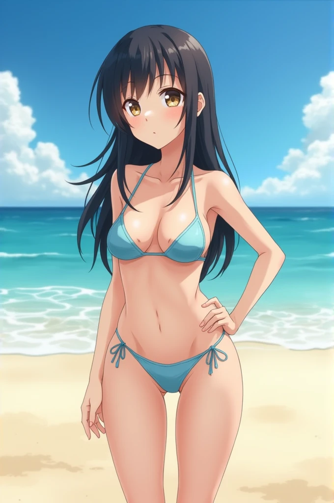 Naked anime girl on a nudes beach, no bikini, no underwear, no nothing, just a naked girl with bug boobs and ass