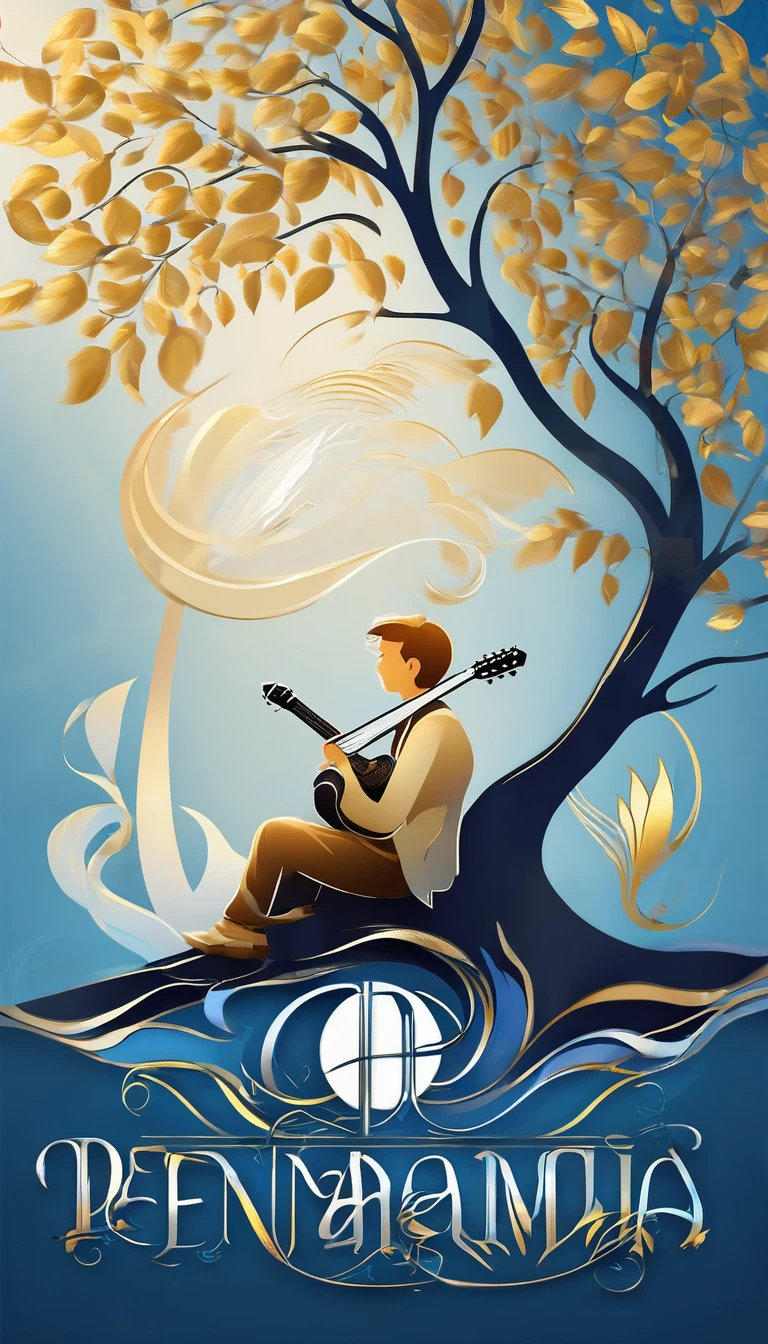 Create a cinematic, abstract symbol for a storytelling production brand based on stories and dreams called " Penamemoria". The logo should convey a fantasy theme and include the company of a boy and a feather. Fantastic, memorable, poetic, dreamy, sitting against a tree and playing guitar to a fantastic, unique, poetic white-blue-golden feather.