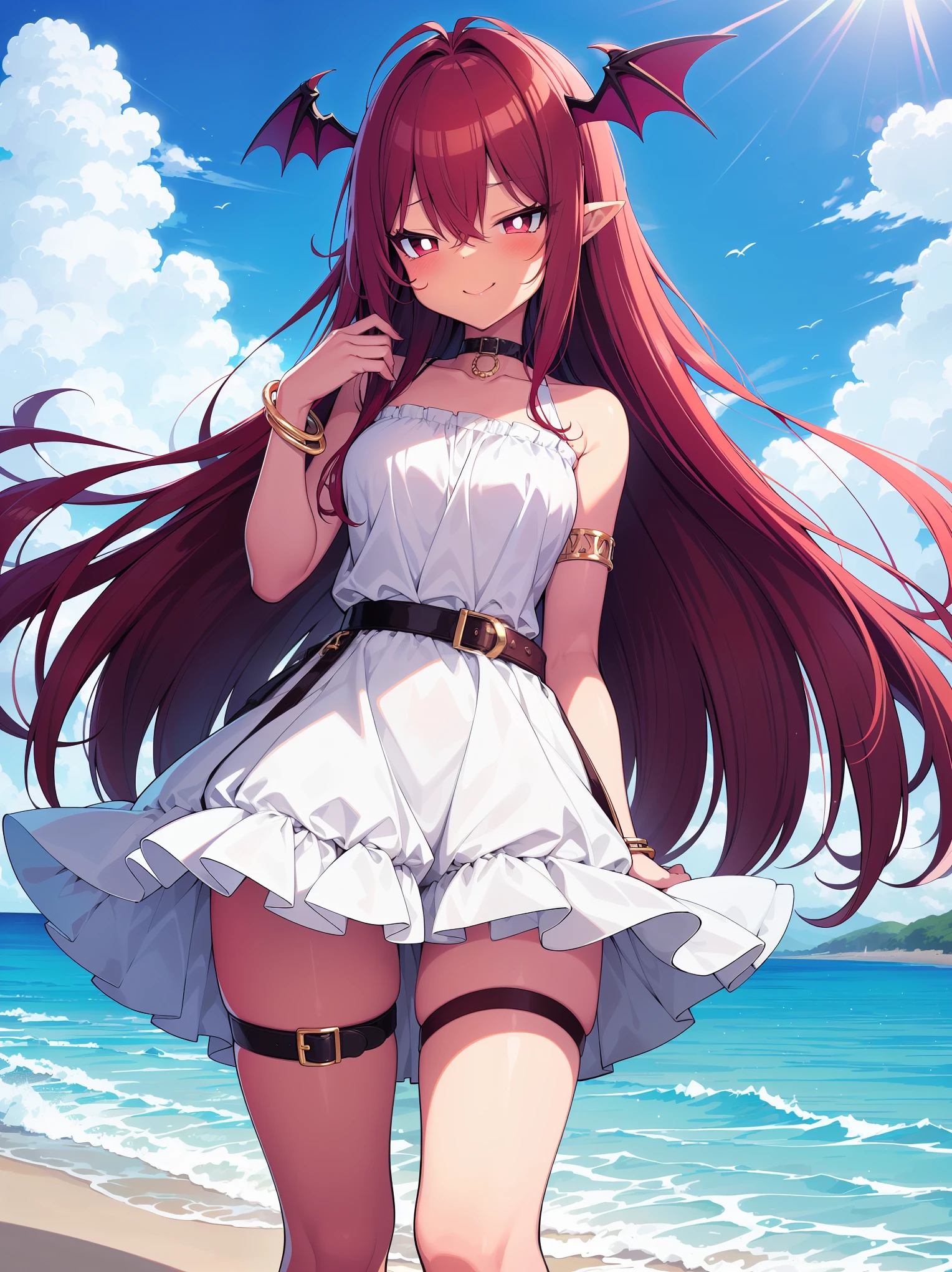 score_9, score_8_up, score_7_up, score_6_up, score_5_up, score_4_up, rating_safe, 1girl, (dark skin), red hair, long hair, red eyes, white pupils, seductive smile, pointy ears, head wings, succubus, choker, bare shoulders, collarbone, (medium breasts), wide hips, belt, sundress, frilled dress, gold bracelet, thigh strap, beach, nearshore sandbar, standing, cowboy shot