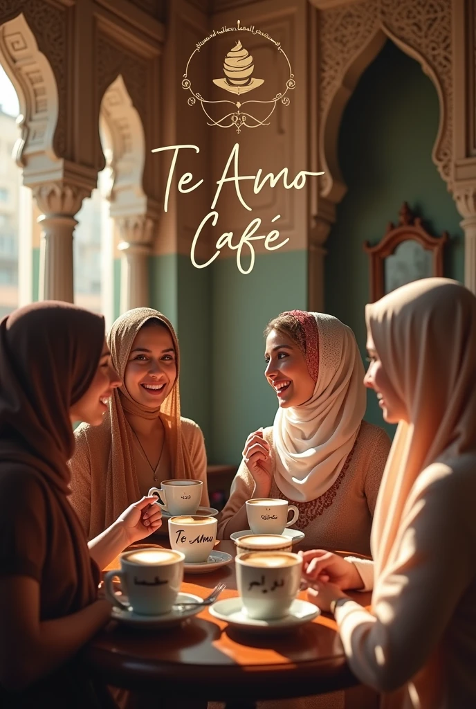 Create hd poster Te amo Cafe with background arabic ladies drinking cupouccino and aslo write in the cup Te amo
