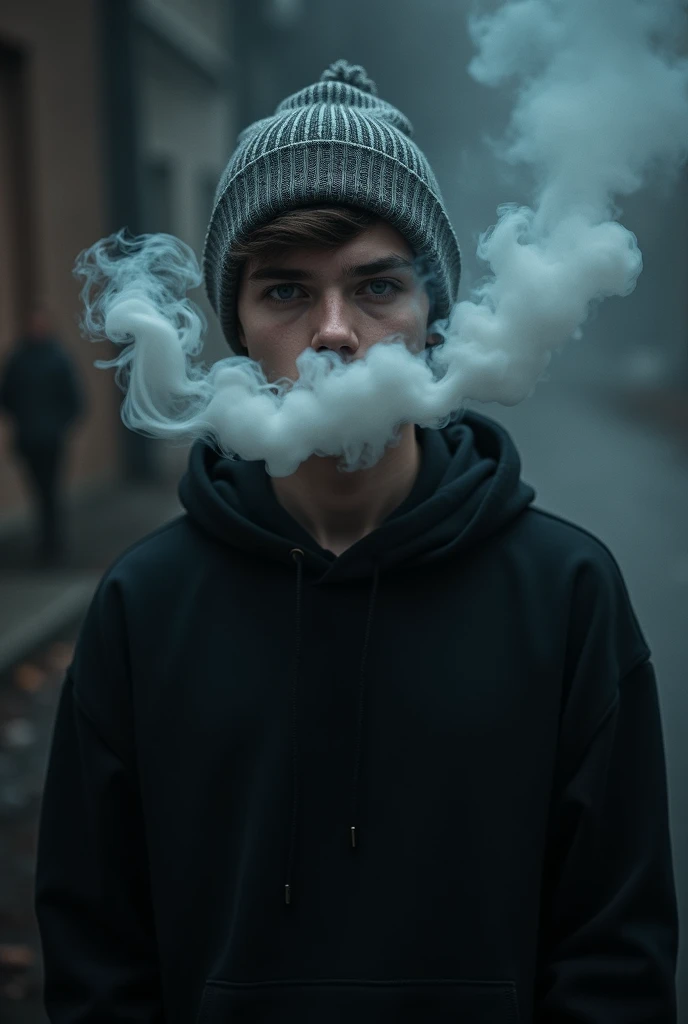 Young man in black sweatshirt, gray winter hat covering hair, blowing out a lot of smoke from his mouth covering half his face at night
