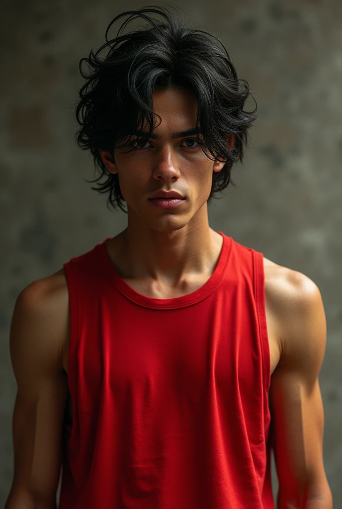 A tall boy wearing a red sleeveless shirt with a long hairstyle.