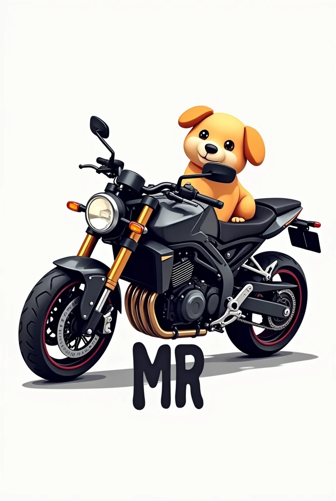 Create a 4k logo with a motorcycle and a small yellow male dog with short hair that says MR at the bottom of the image..Morgan