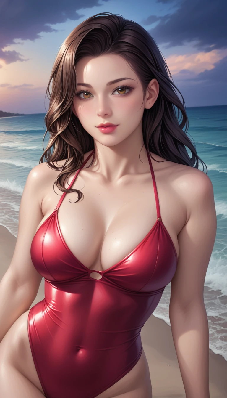 score_9, score_8_superior, score_7_superior, High-resolution CG illustration,A masterpiece in 32K resolution,Highest quality,it is really amazing,Very detailed,Ultra-high resolution,Ultra-realistic,Realistic,Increased depth of field,Cinematic lighting,
Sexy mature Japan woman,
Straight long hair with black hair,Showing his forehead,Ultra-detailed and beautiful face,Calm and gentle look,Beautiful brown eyes,Glossy, moisturized skin,Translucent white skin,Realistic skin texture,Great proportions,
Elegant red swimsuit,
Simple design,Chic color scheme based on red,Detailed fabric texture,
(Dark overcast sky on a dull night:1.1),(Dark clouds filling the sky:1.1),Thundercloud,Coastline at night,Stormy seas,delay々A desolate sandy beach that continues,
Beautiful cleavage,High angle,