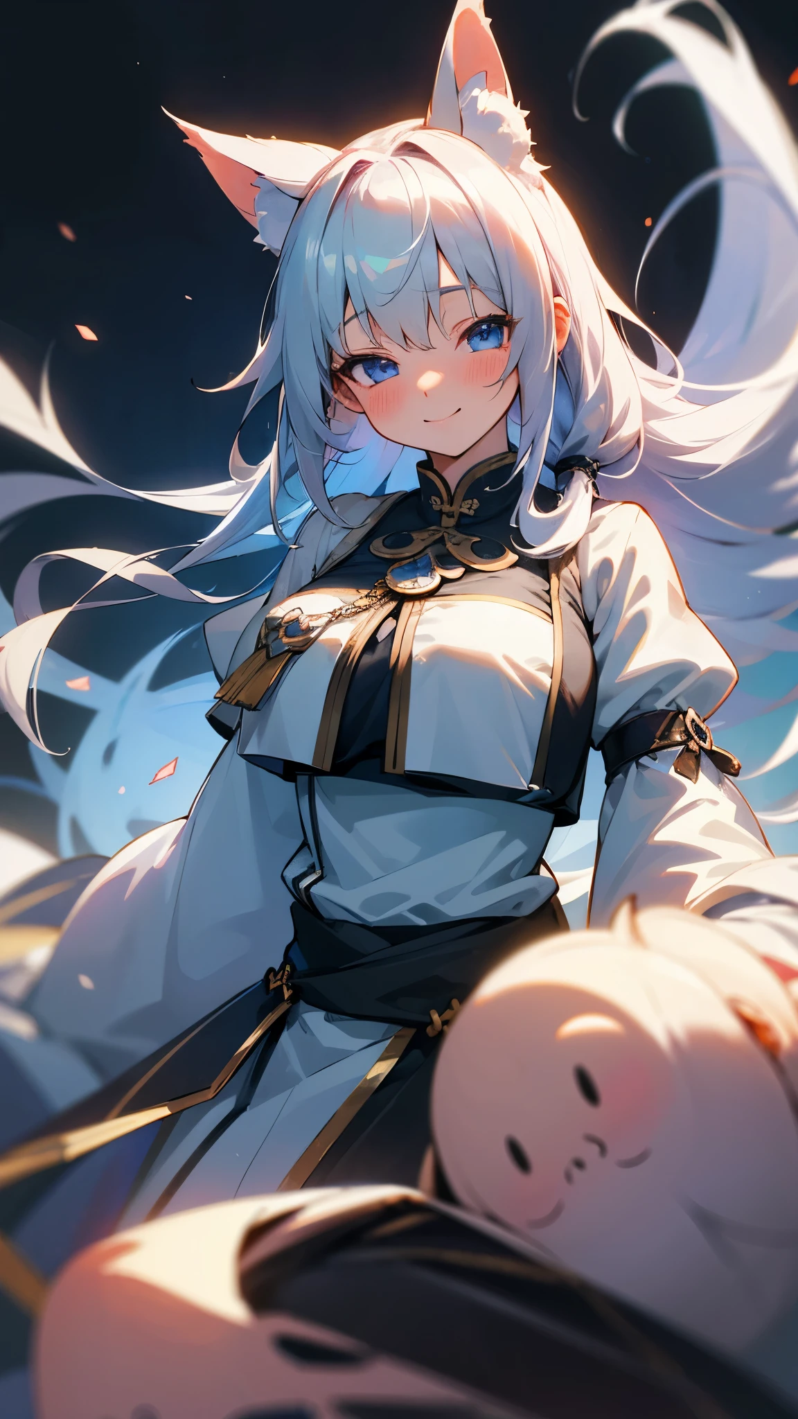 one person, solo, Long Hair, Gauze, smile, Blushing, Blue eyes, silver,bluehigh-resolution, accurate, Highest quality, High-resolution model, Ultra high definition, Fantasy,mysterious,Unreal,Cute
Cool,whole
Background,Unreal Background,Fantastic Background,Mysterious background chest, Large Breasts, 