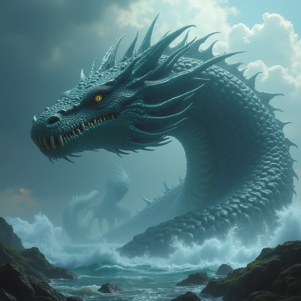 Leviathan is usually depicted as a gigantic sea serpent, with hard, shiny scales. It is often associated with the primordial waters, to chaos and the forces of nature.