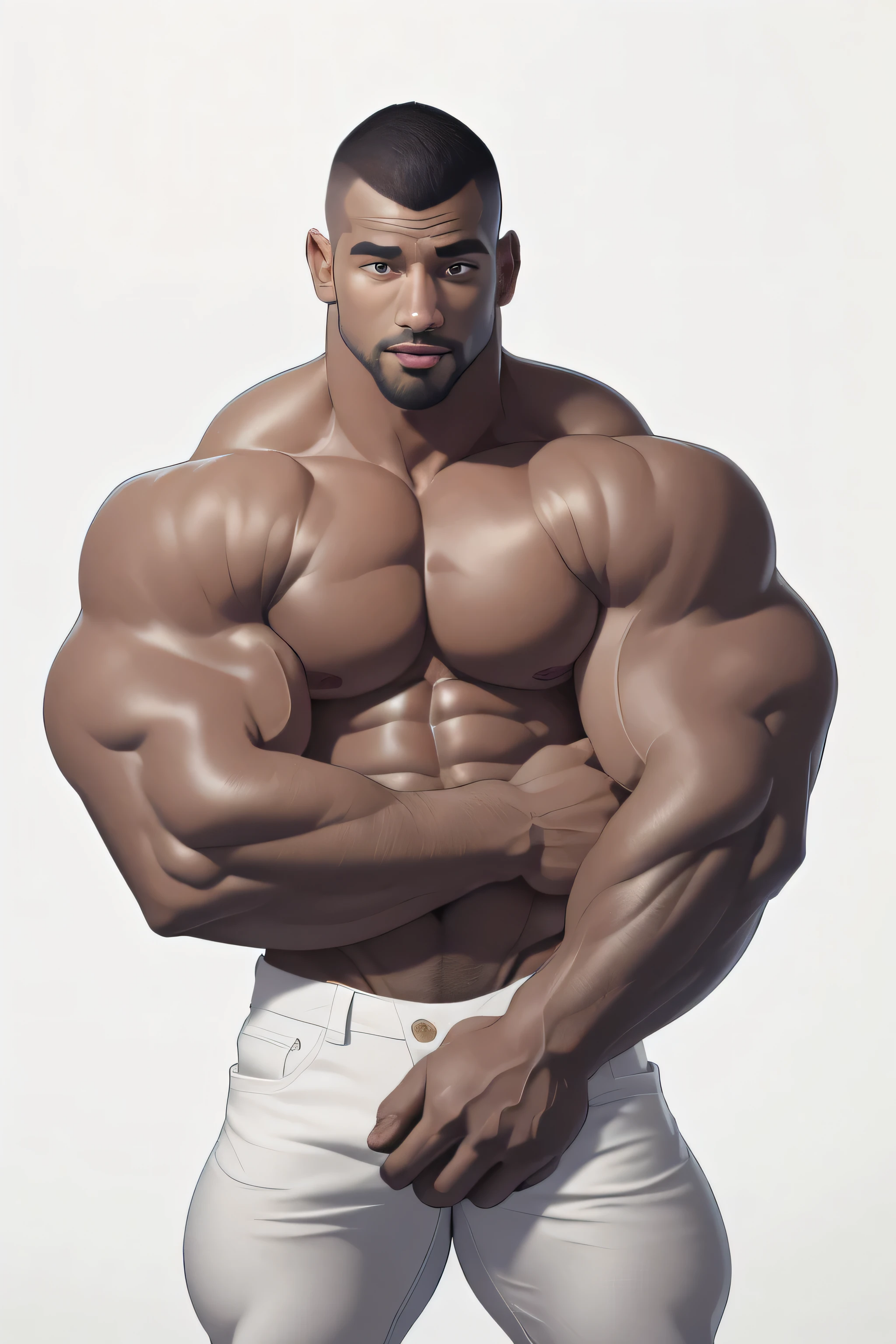 masterpiece, handsome black guy,dark skin, clear face and eyes, best quality, muscular, bara, mature male,shirtless,full lips,crew cut hair, large pectorals,huge arms and hands,wearing white jeans,thick eyebrows,white background