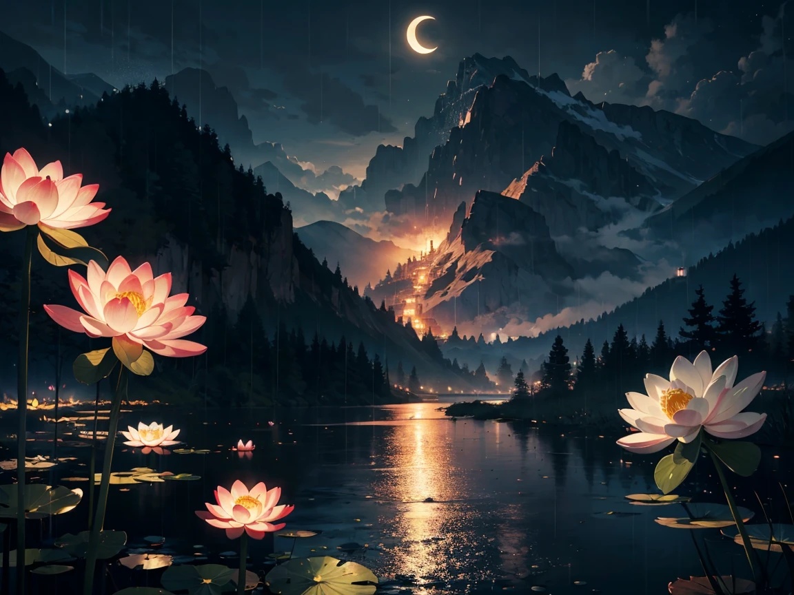 natta, Only moonlight illuminates, Meniscus, mountain in the distance, Beautiful big lotus nearby, Big red lotus, There is running water next to it, frogs, Summer is full of joy, The crescent moon and stars in the sky are mixed together, amazing wallpapers, raining night, rainy night, Beautiful and beautiful, cinematic ligh, high detal ((heavy rain poured))), 8K