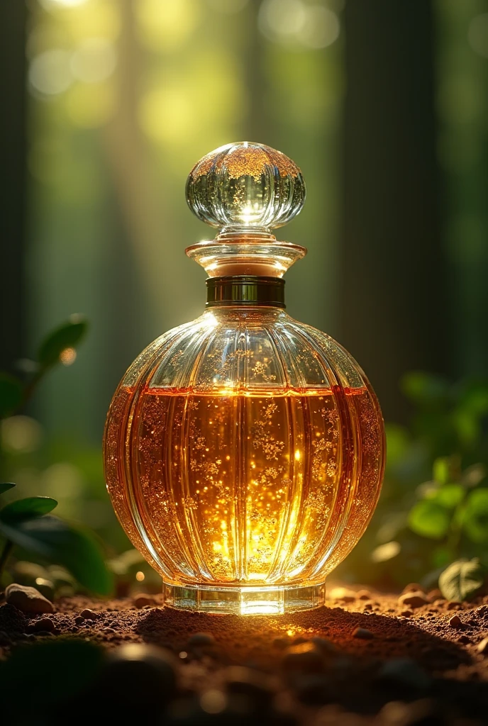 a highly detailed and realistic photorealistic bottle of perfume, beautiful detailed glass bottle, intricate texture, chiaroscuro lighting, warm golden reflections, dramatic ray tracing lighting, lush forest background, product photography, masterpiece, best quality, 8k, photorealistic