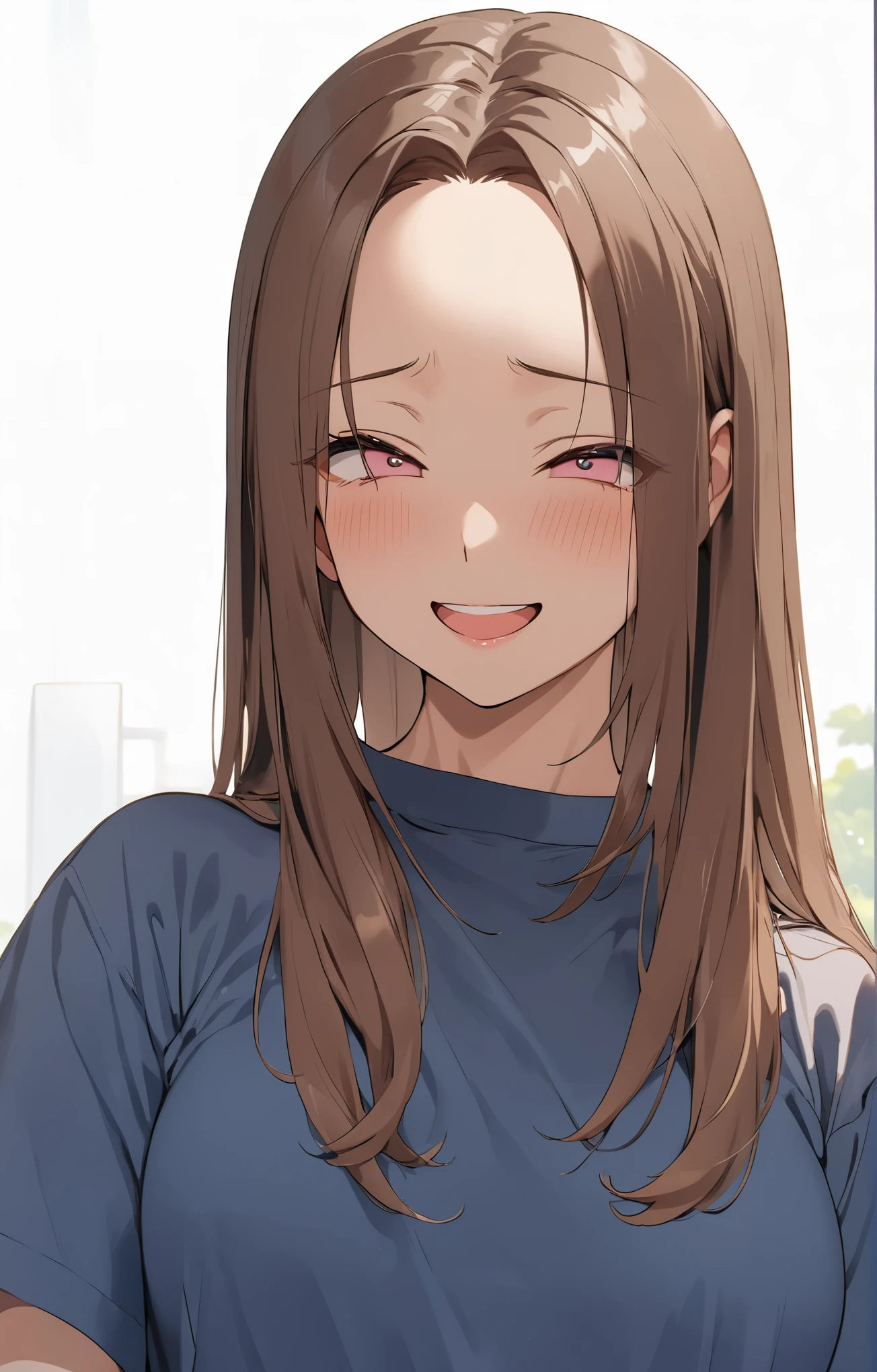 smile、Ahegao、Brown Hair、Straight Hair、Forehead、anime、detail、8k、White T-shirt、Midsummer