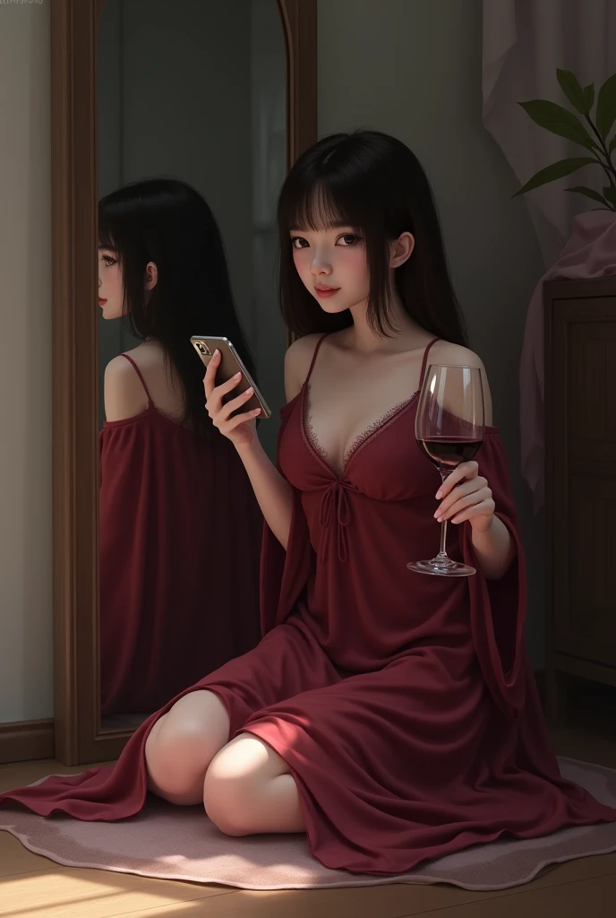 A girl took a photo in front of a mirror, wearing wine-red nightgown, sitting on the floor with her feet in an M shape, holding a phone in one hand and a glass of wine in the other superficially.