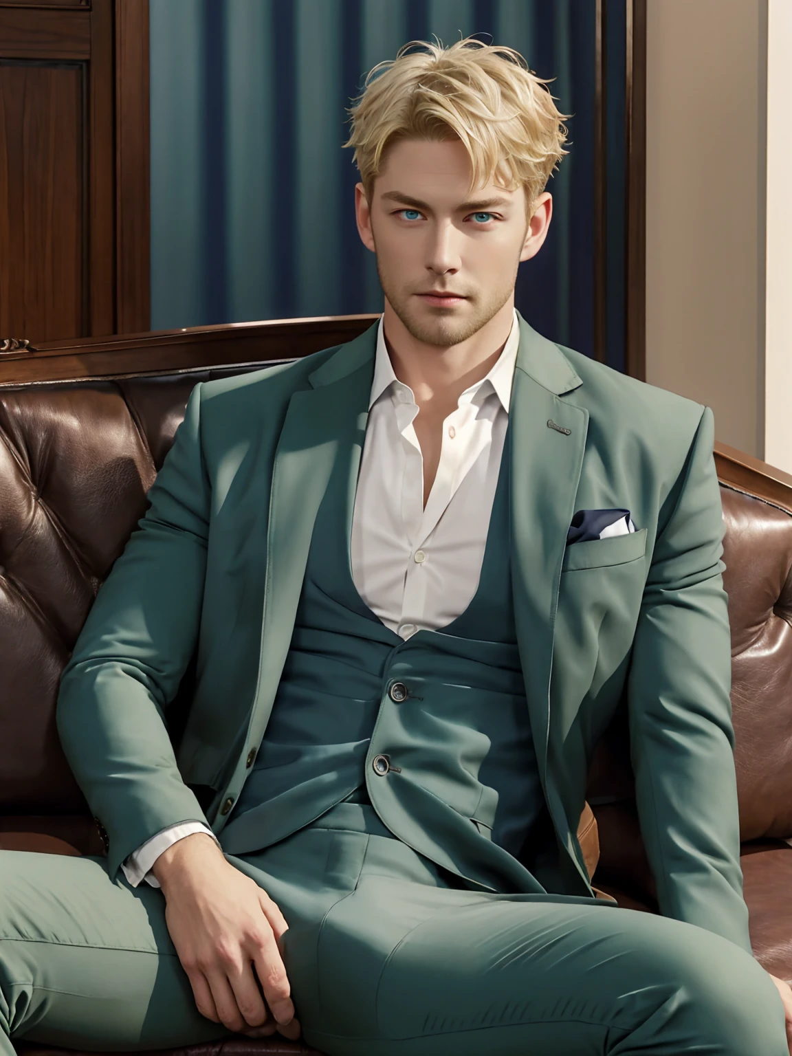 Loyd_forge, 独奏, looking at viewer, short hair, Blue eyes, blonde hair, Full chest muscles, Swelling of chest muscles, 1boy, sitting, jacket, white shirt, male focus, black gloves, pants, indoors, spread legs, open jacket, muscular, formal, abs, cat, suit, pectorals, big huge bulge, couch, green jacket, unbuttoned, green pants,