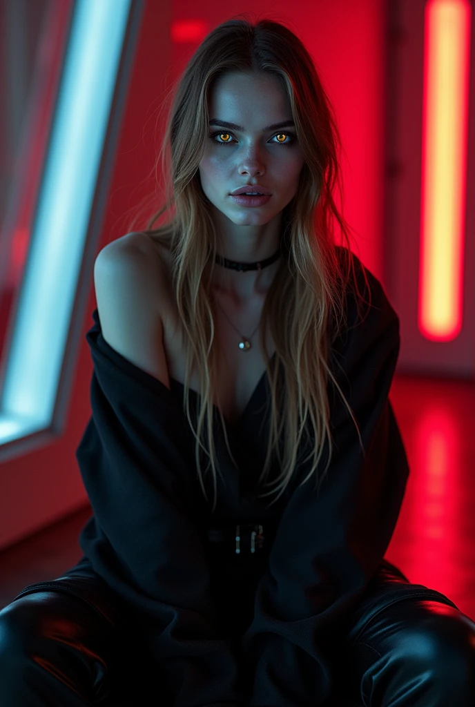 Fashionable of androgynous alien looking witch, glowing eyes, beautiful evil slavic muscular woman, pale skin, long light brown hair, futuristic design, minimal details, givenchy, photoreal, 200mm, hd, f/ 2.0, highly detailed, surreal, sitting, light smile, simple black stylish clothes, a slight smiledrop dead, in the style of red and blue, (intricate details, hyperdetailed:1.15) (skin texture:1.2), cinematic, professional, 4k, (((dynamic model pose))), sitting, full body, mesmerizing, dynamic, dramatic, sensual, dynamic pose, highly detailed skin with hair, subcutaneous veins, light and shadow play, highly detailed,24mm photograph, film, bokeh, professional, 4k,