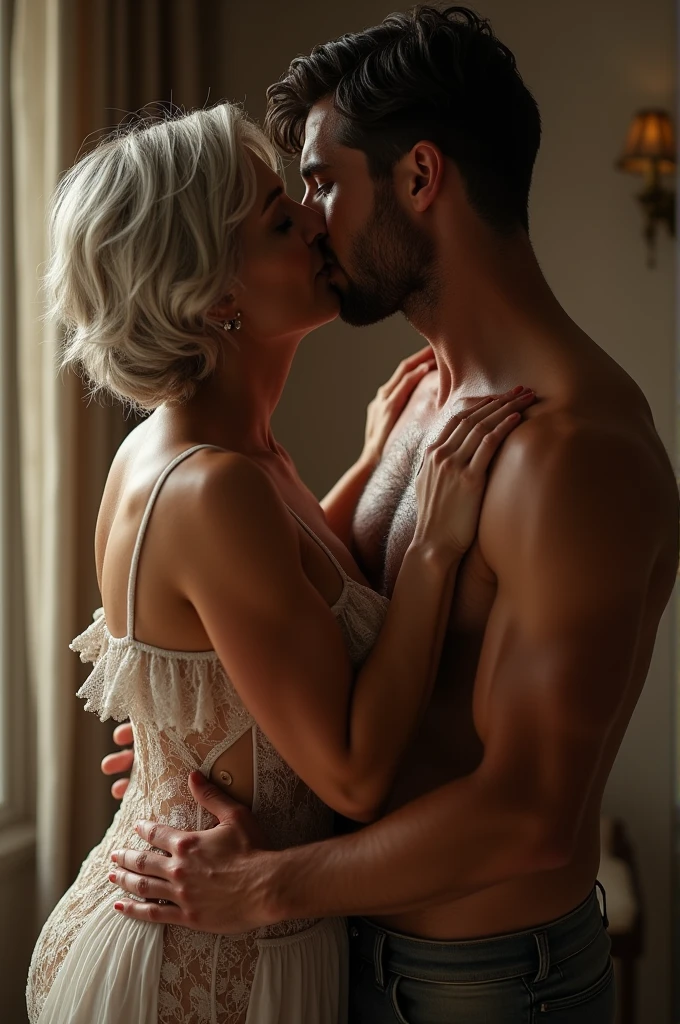 Sexy 65 years old busty woman having sex with to 30 years young handsome man , sexual intimacy ,lacy gown , bedroom , full body