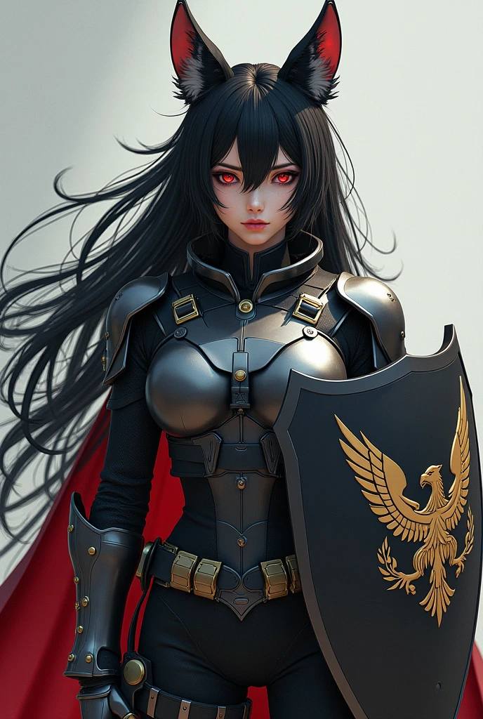 masterpiece, 8k, high quality, 1 girl, dog ears, 1 girl, cat ears, military, ballistic equipment, body armor, breastplate, (bags), red and gold eyes, stockings, gloves with metal plate, Long black and white hair, Riot shield with an eagle as an emblem,