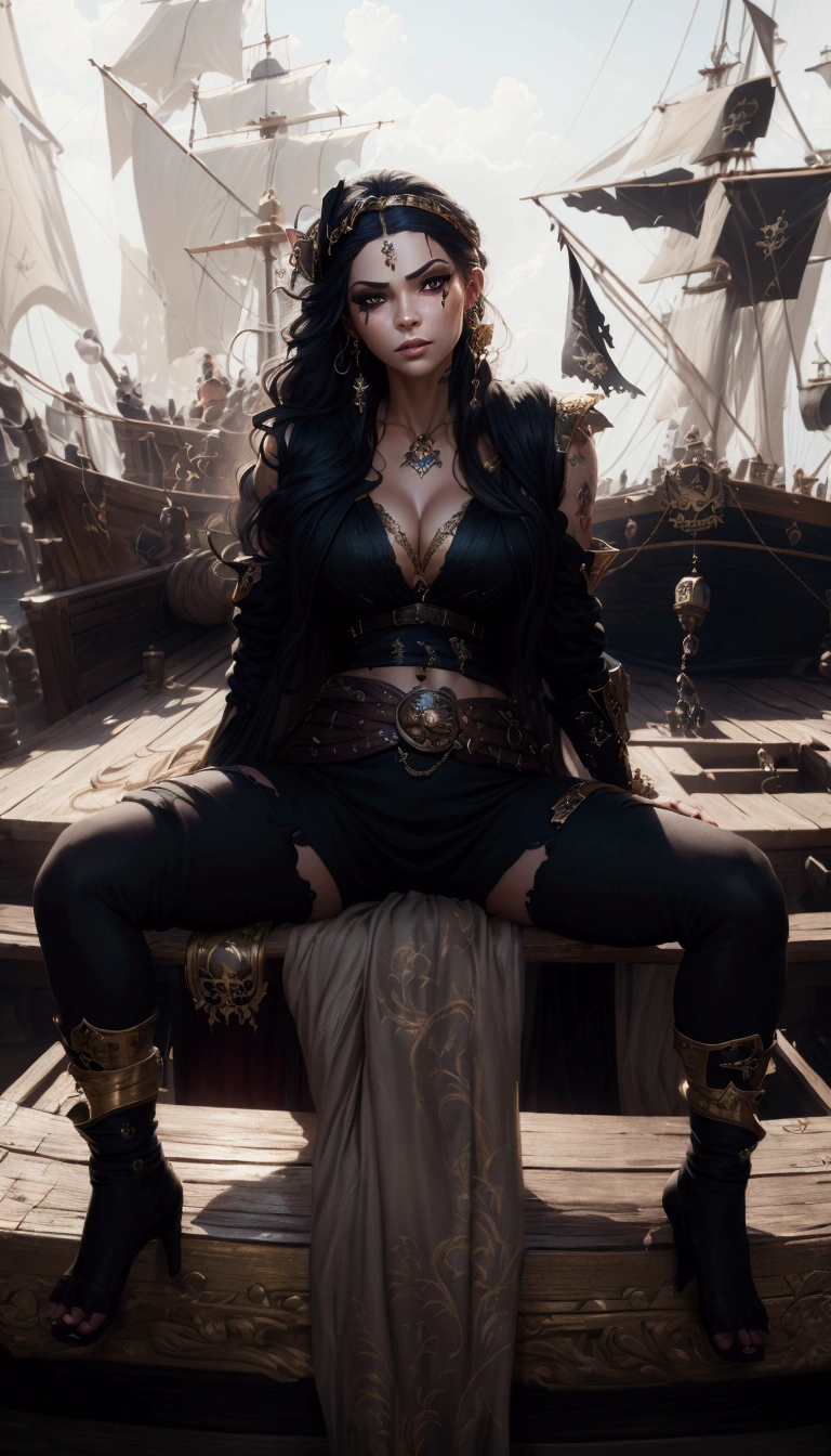A beautiful, ultra-sexy pirate with a seductive gaze, detailed facial features,long eyelashes, intricate pirate attire,stunning jewelry, dramatic lighting, cinematic composition, rich color palette, masterful 3D rendering, hyper-realistic, award-winning digital art
