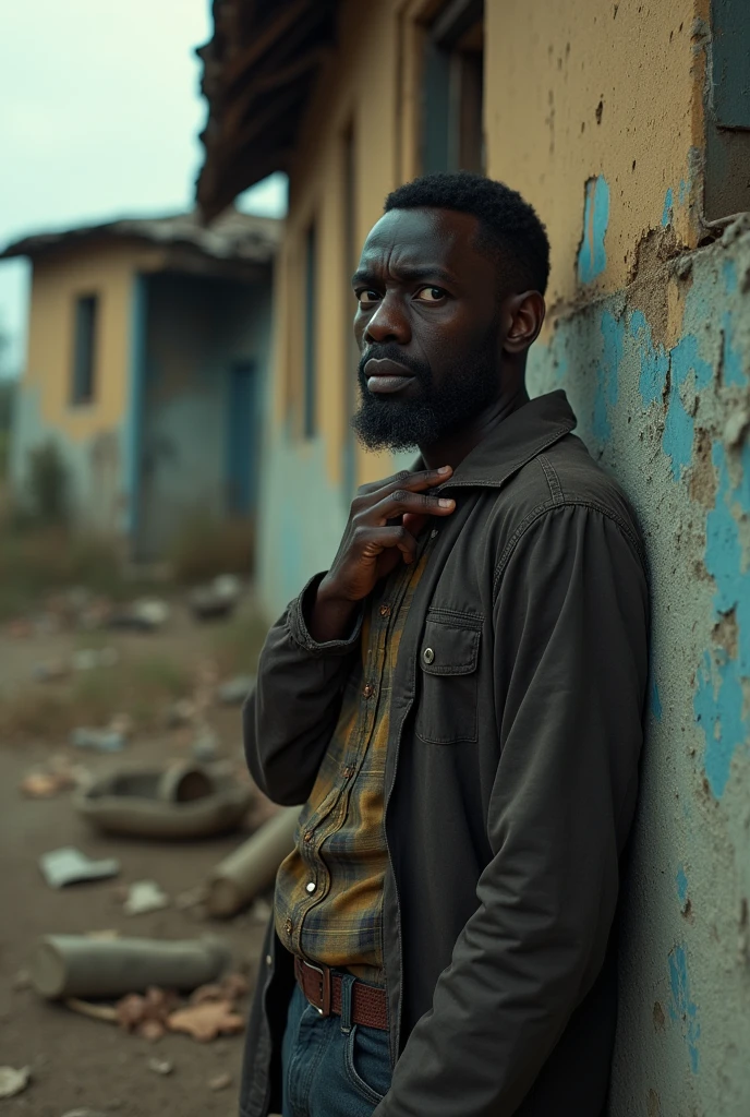 A black homeless man with money symbol in his eyes scratching his neck  leaning on a broke down house 