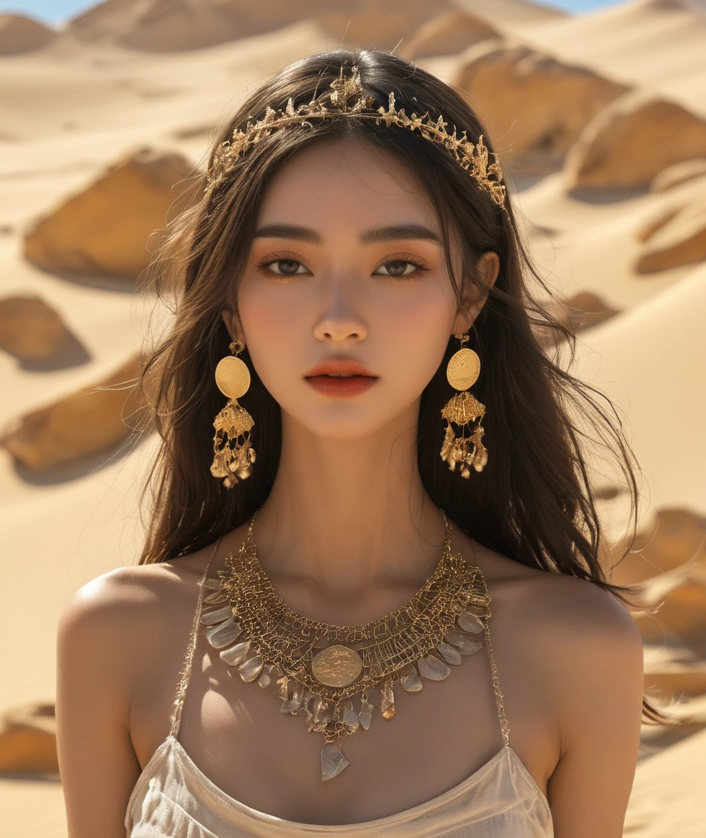 A thorny siren at the heart of the desert，Dancing with the sandstorm，Cloaked in flowing sand and thorns，Her skin bears the markings of the desert，Surreal expression makes her the guardian of the sand sea。In the desert under the scorching sun，She's like an oasis in a sandstorm，Light dances on her body，A stark contrast to the boundless yellow sand around her，Creating a breathtaking visual feast，The vast landscape，The style is mysterious。