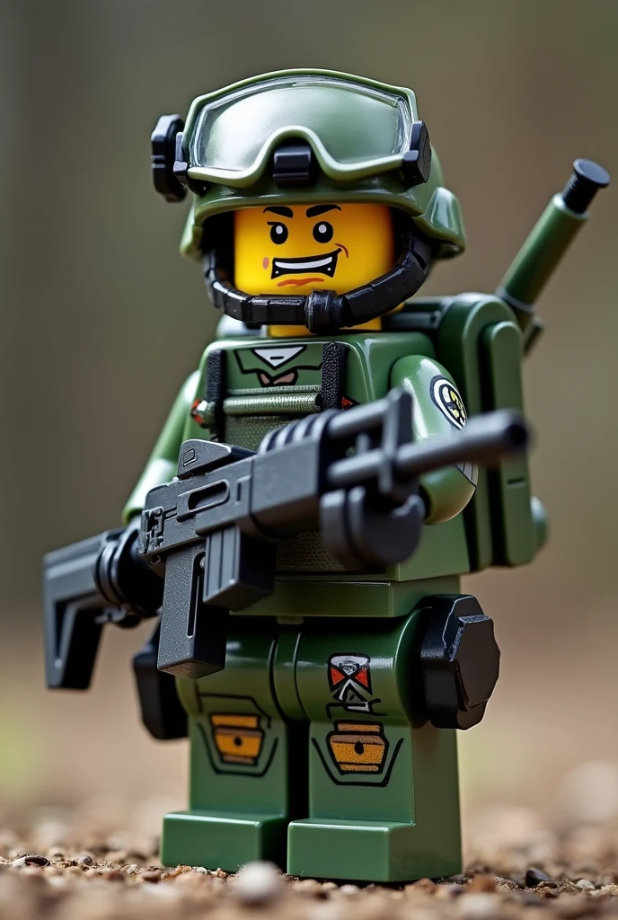 Lego soldier figure with accessories with an AK 47 machine gun , a gun and a knife and it's a toy and it has life.
