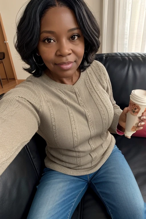Black woman selfie POV photo, 60-year-old appearance, a little fat, shorth hair, black hair color, black eyes, wearing casual clothing, sitting not sofa, na sala, Optimal image quality, great photo, Actual image, natural image, very good photo