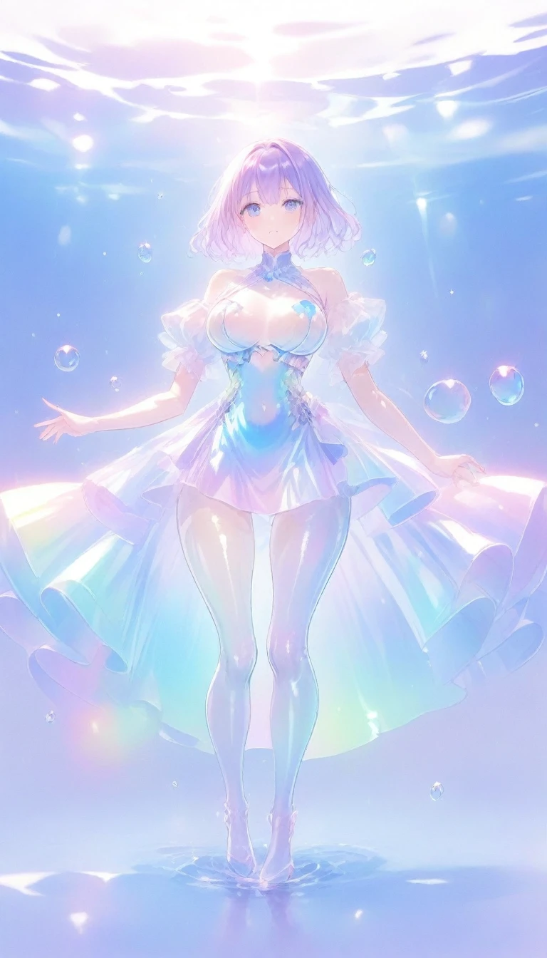 Super detailed, 8K, bubble, Right blue water, nice, bright, full body standing, pretty girl, tall and has a large bust/dark blue eyes/sparkling Eyes/long purple hair/Hime Cut hair, under the water, shiny glossy iridescent clothes, shiny reflective clothes, pastel, lens Flare, soft gradient　