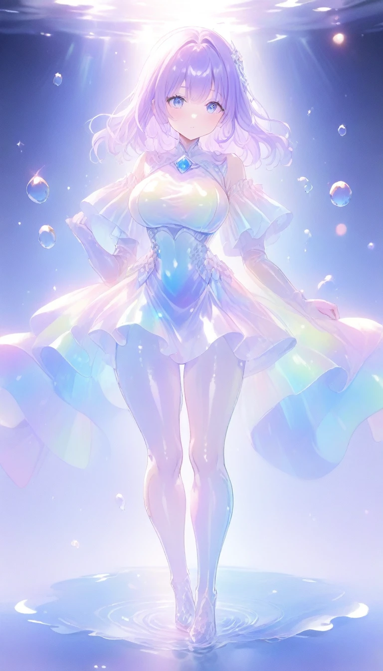 Super detailed, 8K, bubble, Right blue water, nice, bright, full body standing, pretty girl, tall and has a large bust/dark blue eyes/sparkling Eyes/long purple hair/Hime Cut hair, under the water, shiny glossy iridescent clothes, shiny reflective clothes, pastel, lens Flare, soft gradient　