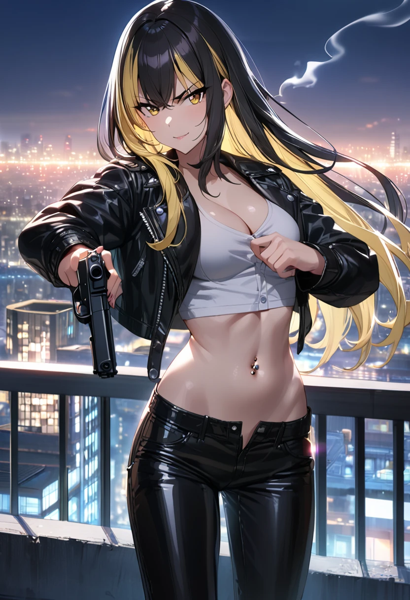 1girl, black hair, blonde hair, solo, multicolored hair, yellow eyes, black hair, long hair, Hot girl, baddie, staring, glaring, bad attitude, mean girl, crazy, smoking, outdoors, rooftop, cityscape, building, railing, night, night sky, scenery, city lights, smile, masterpiece, best quality, highly detailed, a girl with a gun, sexy gaze, badass pose , smile, (nsfw) not safe for work, guns blazing, anime girl with long hair, beautiful long haired girl, navel, evil expression, exposed belly, exposed navel, exposed midriff, exposed lower belly, long black pants, crop top, cleavage, unbuttoned leather pants ,open fly, low rise black leather pants, leather jacket, holding a gun, holding pistol, navel piercing