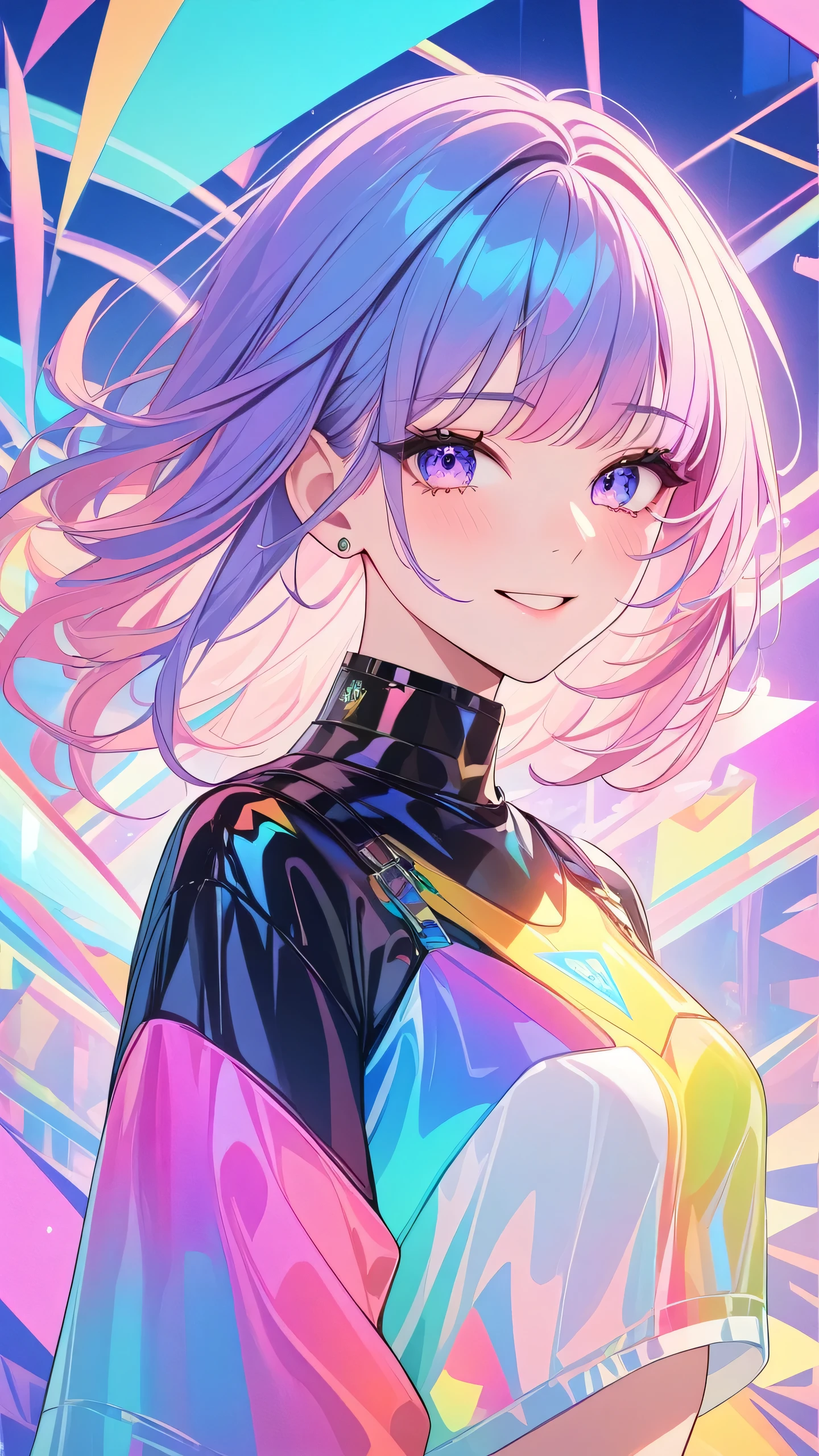 Best quality,masterpiece,transparent color PVC clothing,transparent color vinyl clothing,prismatic,holographic,chromatic aberration,fashion illustration,masterpiece,girl with harajuku fashion,looking at viewer,8k,ultra detailed,pixiv,