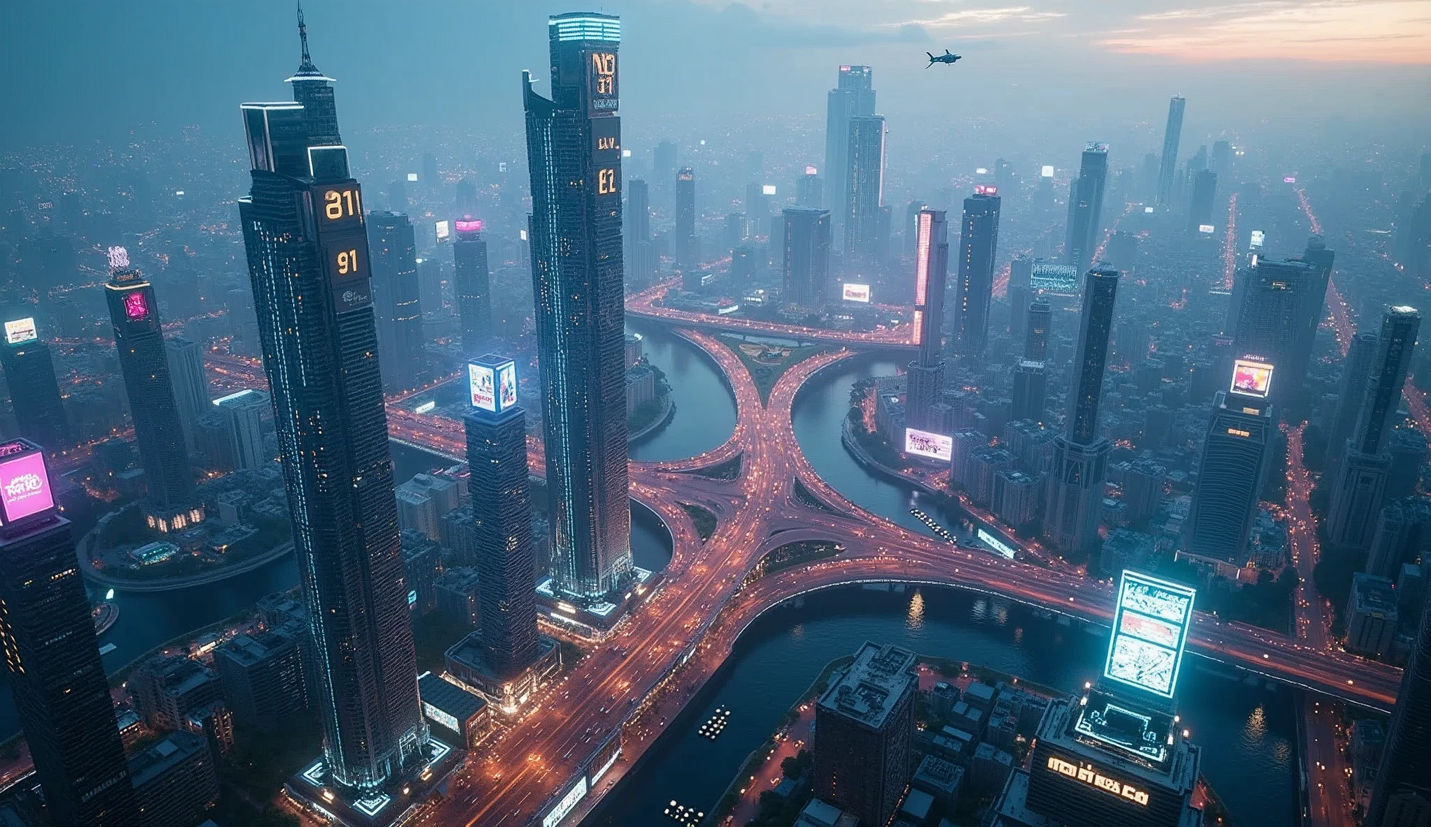 ((masterpiece, highest quality, best image quality, High resolution, realistic, RAW photo, 8k)), (Helicopter shot, Looking down on the sci-fi futuristic cyberpunk Ho Chi Minh city at daytime from above:1.3), "Landmark 81" Tower, "Bitexco" Tower, Sai Gon river, glowing futuristic hologram and LED advertising board
