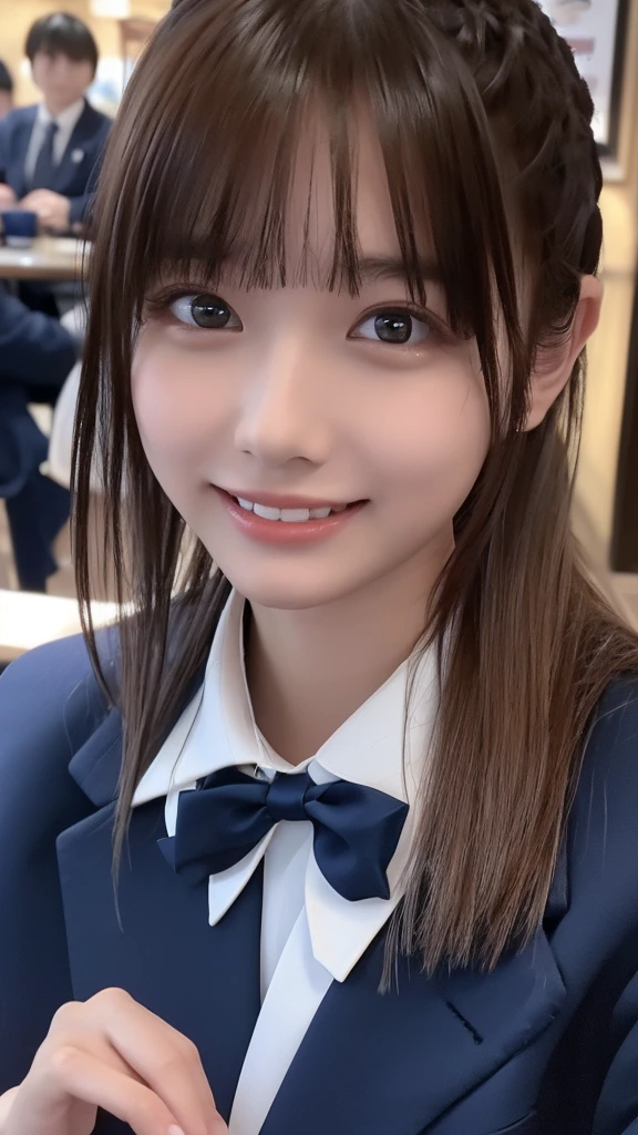 ((masterpiece, Highest quality, High resolution)), 1 Japanese person, (Realistic: 1.4), happiness、A shy smile、Great face,Glossy Lips、15 years old, Blonde ponytail、(Beautiful Hair:1.5), Japanese High School Uniform、(Navy Blue Blazer、Navy blue jacket)、(White dress shirt)、(Red tie)、At the cafe、In front of the table、Sitting on a chair、Holding a glass、Drinking coffee、Detailed and real fingers、(Realistic: 1.4), Body and face front、Face to face、Staring、Angle from the front, Smooth, Highly detailed CG composite 8K wallpaper, High resolution RAW color photos, Professional photography, Light, BackLight, dream-like, impressive, Written boundary depth, (Face close-up:1.4)