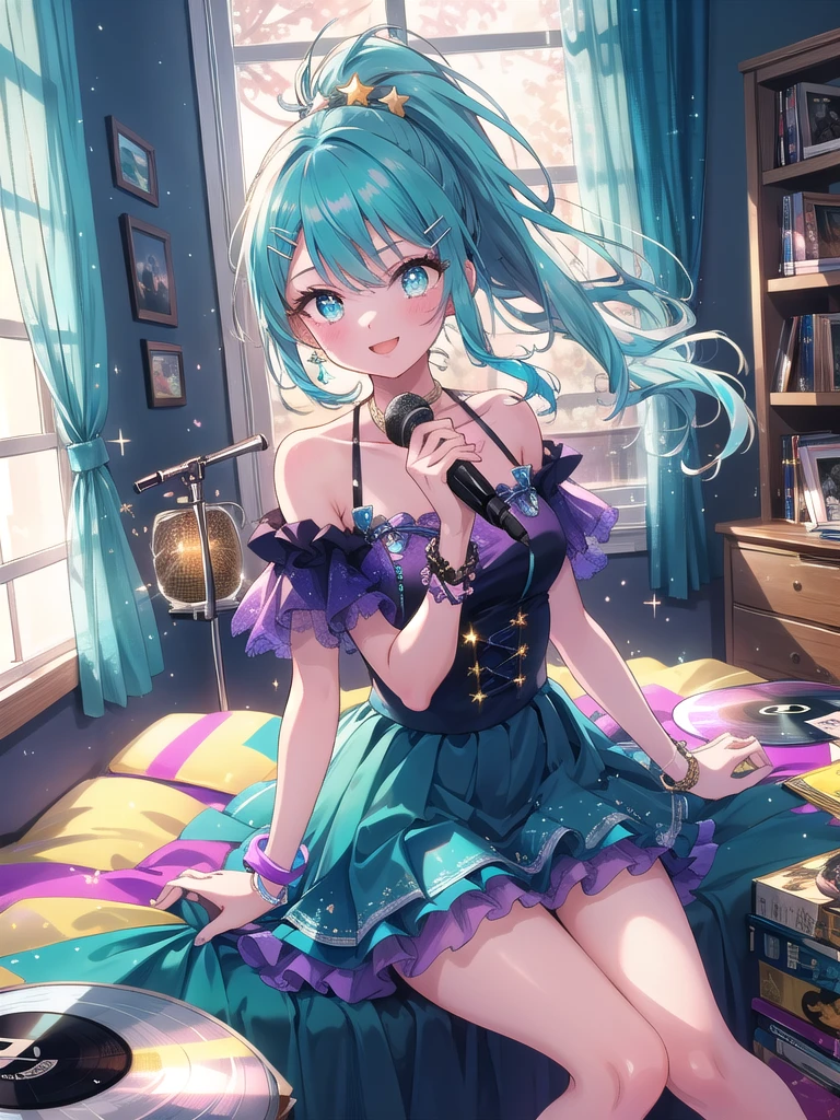 ((8k, Highest quality, masterpiece: 1.3)),Ultra-high resolution,(1 girl, alone), (Color changing eyes, Ultra-detailed, Expressive brilliance, Glitter, Glowing Eyes), Highly detailed eyes, Highly detailed face, Random Hair, ((pastel colour)),A cheerful young woman with pastel teal hair styled into a high ponytail, sitting on her bed, surrounded by scattered cosplay accessories. It’s mid-morning, and the room is filled with bright, natural light coming through the window. She is dressed in a retro idol cosplay, wearing a colorful, glittery dress with a short pleated skirt, matching wristbands, and a star-shaped hairclip. The camera captures her from a slightly elevated angle as she practices her dance moves while sitting, her face beaming with excitement. Her room is filled with posters of famous idols, a microphone stand in the corner, and a shelf lined with CDs and vinyl records, reflecting her love for music and performance.