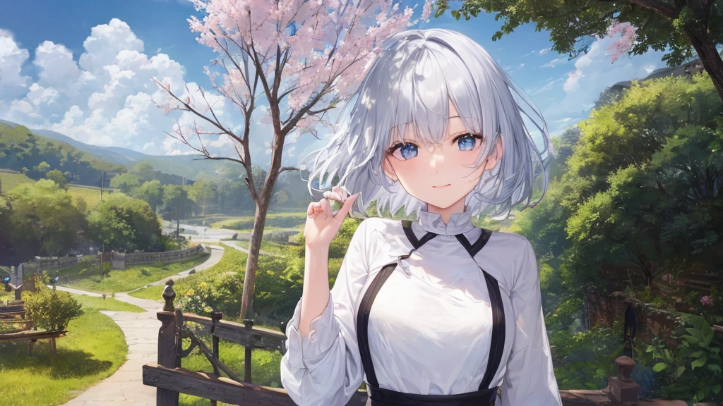 Ultra HD,Look at the viewers, Place your hands behind your back, and, 20-year-old, 非常にshort hair, Long bangs between the eyes, Pale blue eyes, Very detailed,(masterpiece、Highest quality),Gray Hair、Laughter、wonderful, Silver Hair, iris, short hair、 Fluttering Hair、Small face、明るいsmile、(Detailed face) ,Professional Lighting,wonderful風景,blue sky, sunlight,Looking down from above,Portraiture、Open your mouth、Flower Field、Her eyes were shining、Mysterious and enchanting atmosphere。With AI Painting、andてもshort hair, Long bangs between the eyes, Very detailed,(masterpiece、Highest quality)、alone、Gray Hair、Fantasy, Silver Hair, Fantasyな風景、smile、Open your mouth、short hair、short hair、hairpin、black eye、Grey Eyes、Beautiful Eyes、Black Shirt、White hoodie