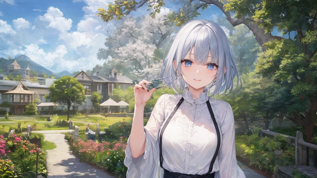 Ultra HD,Look at the viewers, Place your hands behind your back, and, 20-year-old, 非常にshort hair, Long bangs between the eyes, Pale blue eyes, Very detailed,(masterpiece、Highest quality),Gray Hair、Laughter、wonderful, Silver Hair, iris, short hair、 Fluttering Hair、Small face、明るいsmile、(Detailed face) ,Professional Lighting,wonderful風景,blue sky, sunlight,Looking down from above,Portraiture、Open your mouth、Flower Field、Her eyes were shining、Mysterious and enchanting atmosphere。With AI Painting、andてもshort hair, Long bangs between the eyes, Very detailed,(masterpiece、Highest quality)、alone、Gray Hair、Fantasy, Silver Hair, Fantasyな風景、smile、Open your mouth、short hair、short hair、hairpin、black eye、Grey Eyes、Beautiful Eyes、Black Shirt、White hoodie
