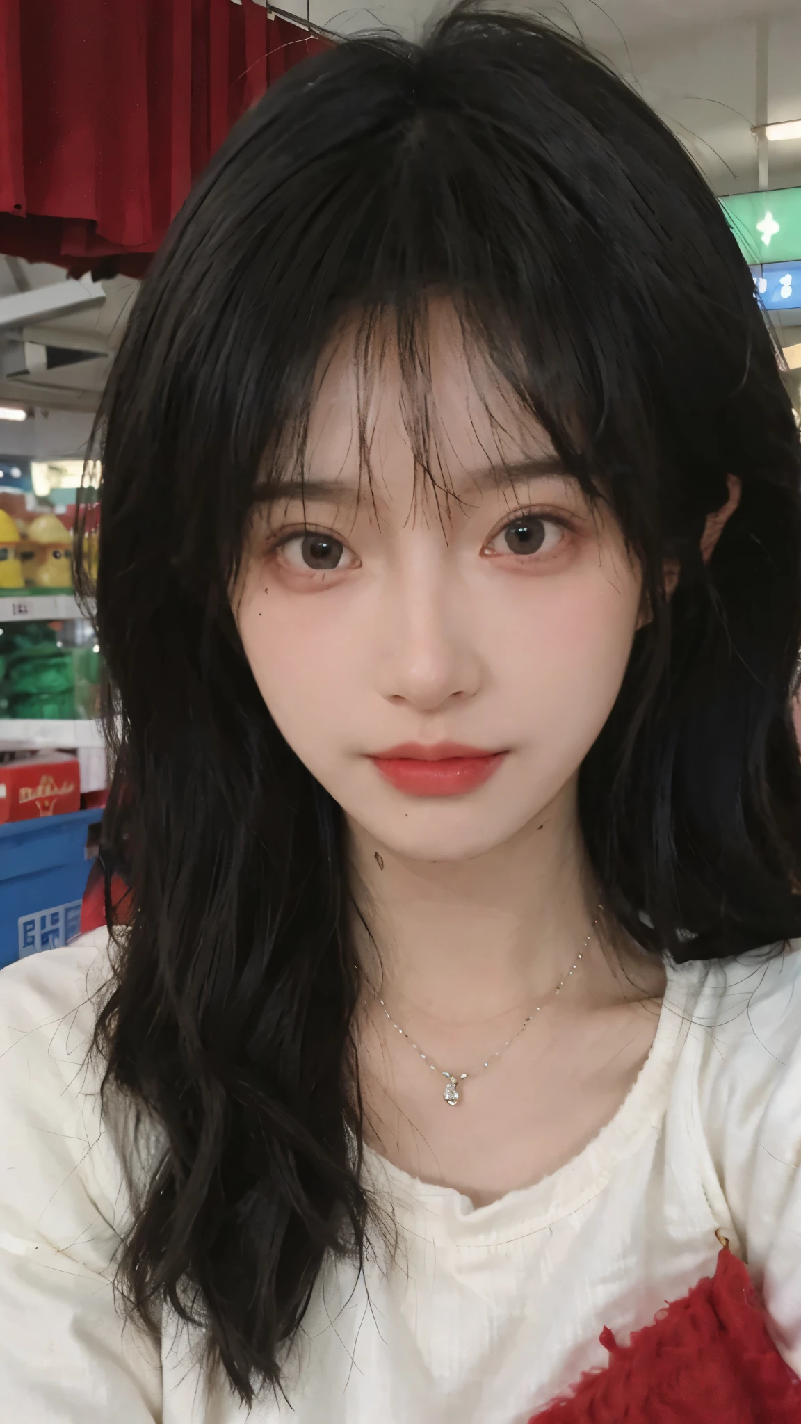 Best quality，Ultra-high resolution,(Realism:1.4)，Cute hairpins，girll,Cropped black sweater，Look directly at the audience，Full of atmosphere，Beautiful woman with a slim figure:1.4，supermarket，whole body，Super delicate face，Exquisite eyes，Double eyelids，necklace