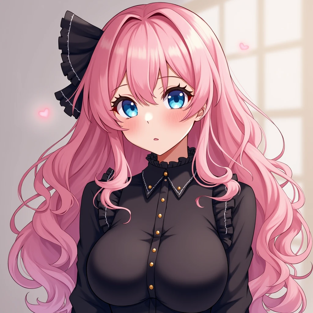 Long pink hair, fluffy perm
Droopy eyes and blue pupils
Easygoing atmosphere
Black clothes with cute frills
Sophisticated
Large breasts