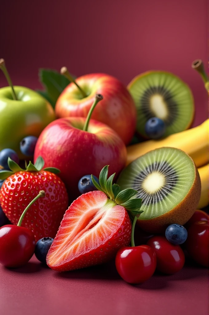 Fruit background: stawberry, apple,cherry, blueberry, luxury, kiwi