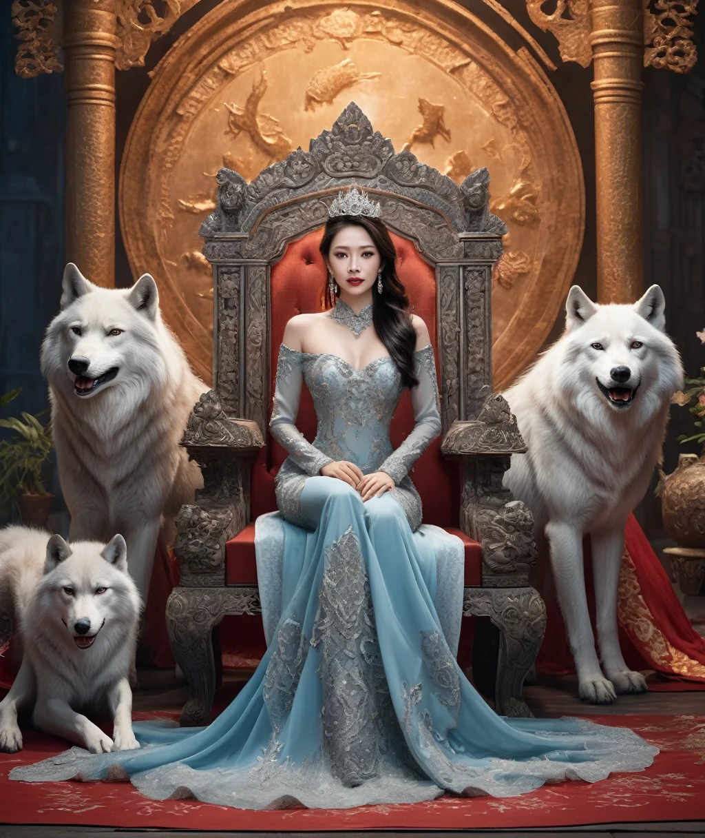 A charming woman,Wearing a kebaya embroidered with silver thread,Leaning on a throne decorated with wolves and wolf heads,((The enchanting fantasy queen)), Sitting on a finely carved throne,Sitting on the shining throne,On her throne,sitting On her throne,A fascinating portrait of a goddess,Mu Yanling, Queen of the Mountains,Beautiful and mysterious queen of darkness, Beautiful fantasy art, (Unreal Engine, masterpiece, best quality:1.2),,(8K,high resolution,RAW photos,Practical,photo-Practical:1.3),(Delicate skin texture,Detailed fabric texture,Beautiful and delicate face:1.25),Professional lighting,Photon Mapping,Beautiful soft lighting,Radiosity,Physically Based Rendering,Ray Tracing, Model shooting style, Model shooting style, (extremely detailed CG unity 8K wallpaper), Full-length photos of the world's most beautiful artworks。