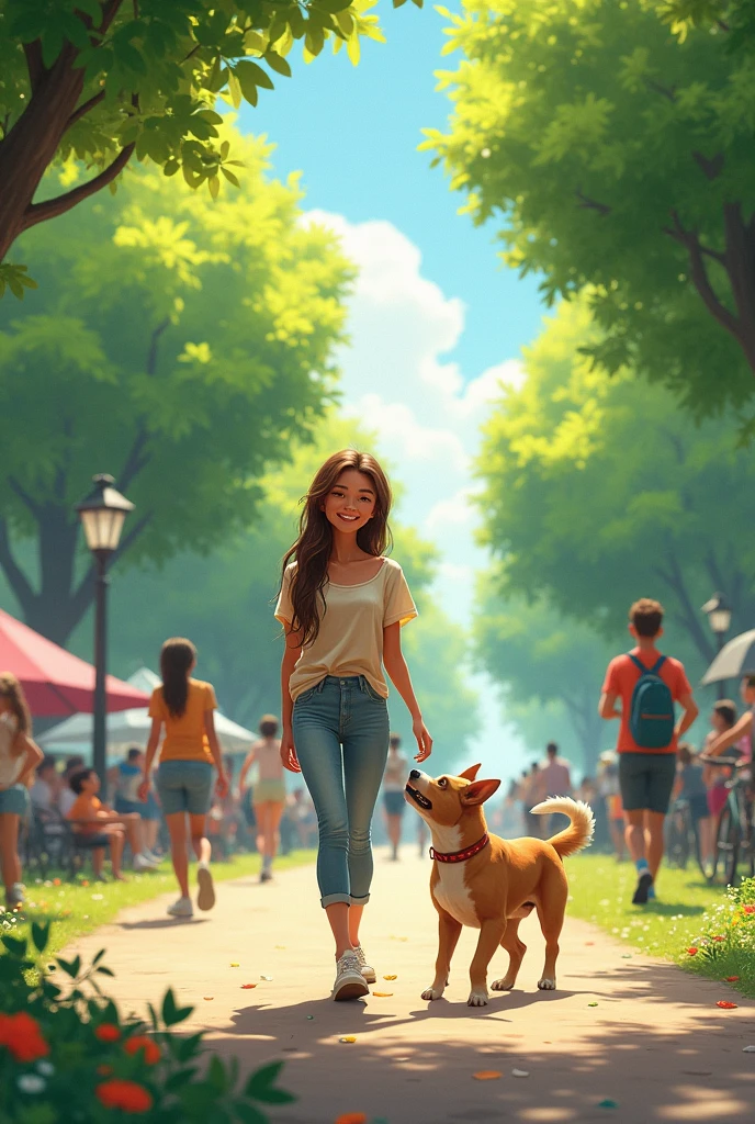 A picture of a woman playing with a dog with full of people with trees
