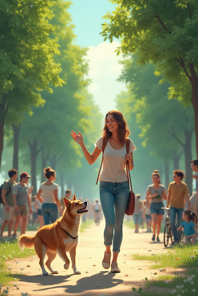 A picture of a woman playing with a dog with full of people with trees