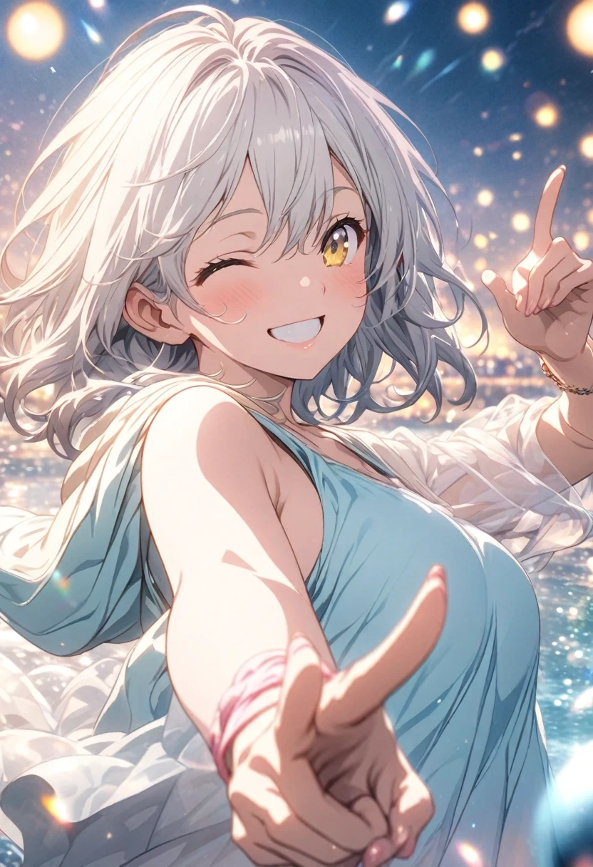 masterpiece, Highest quality, Highly detailed CG Unity 8K wallpapers, High ****** Girl Anime Illustration. Wear an oversized tank top, Hooded、Koi Dance Choreography, Pointing the index fingers of both hands, she has her eyes closed and mouth open, smile. The background is a light pastel colored landscape.., white hair color, Yellow Eyes, bokeh photography, (soft focus):1.2, out-of-focus highlights, dreamy ambiance, glowing circles, mesmerizing depth, The background is a realistic landscape