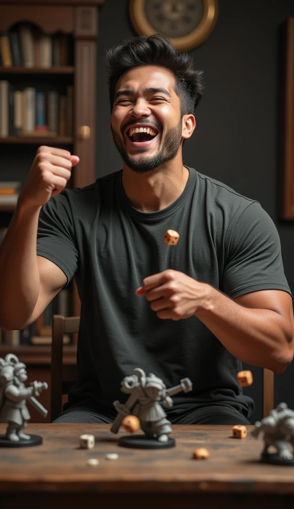 photorealistic, best quality, masterpiece, extremely detailed, front view, extremely handsome, 30 year old indonesian man, round face, muscular bodybuilder, no facial hair, wearing rockband tshirt, laughing, throws dice, pumps fist, celebrating, well-painted warhammer miniatures mid-game on the table, extremely romantic atmosphere, perfect face, perfect fingers, perfect hands, perfection