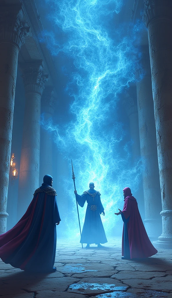 In the grand hall of a ruined castle, Mirage faces a dark sorcerer dressed in blood-red robes. The sorcerer hurls curses and fireballs, but Mirage deftly dodges, his blue robe flowing with every movement. He raises his staff, summoning "Blue Catastrophe," a torrent of blue energy that surges through the hall, shattering the sorcerer’s defenses and engulfing him in a dazzling display of magical power.