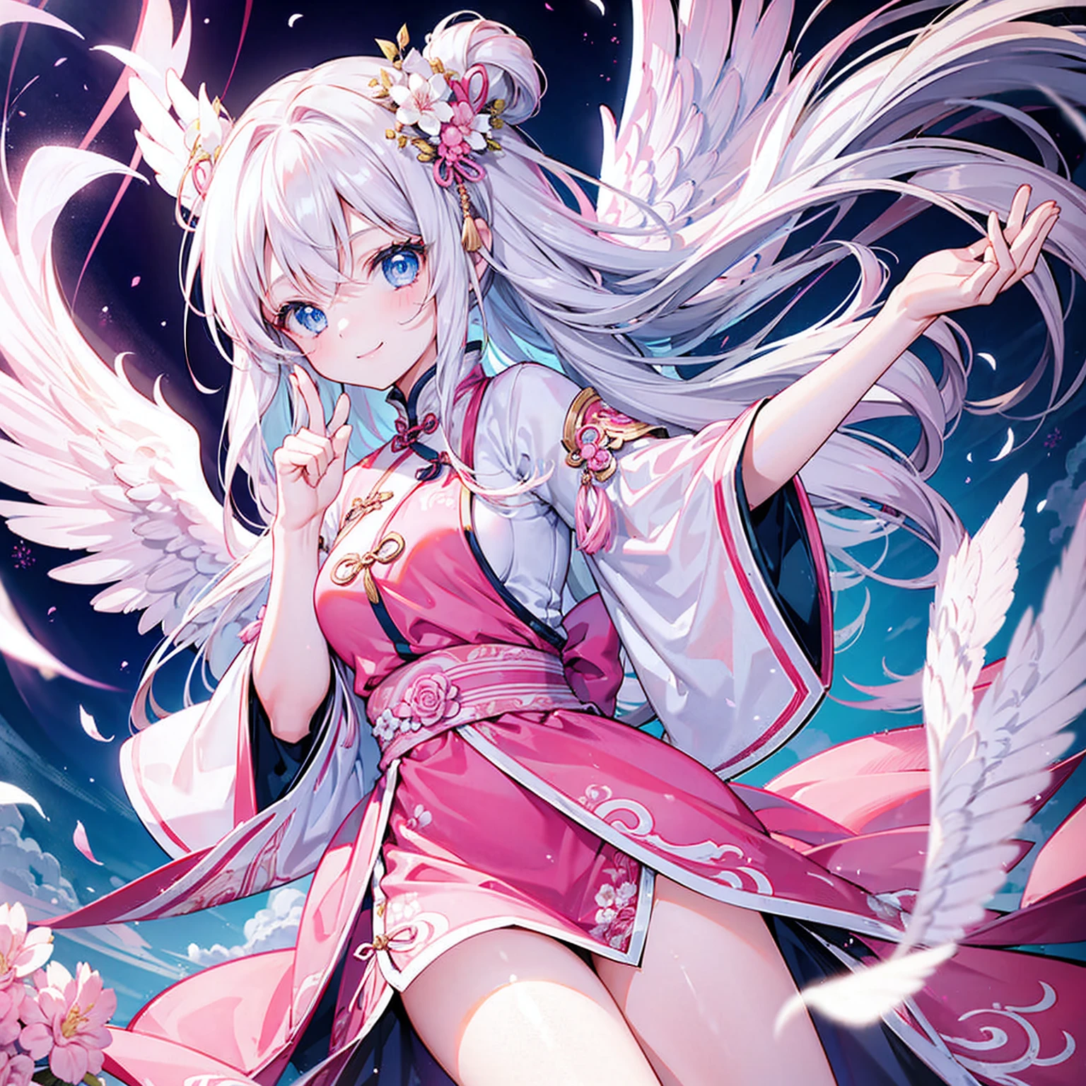 A girl with long white hair and blue eyes、19 years old、Angel wings on the back、Pink china clothes、Kung Fu Pose、Smiling