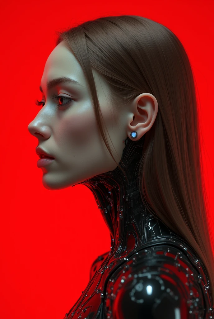 A beautiful ((evil slavic woman)), pale skin, long light brown hair, with robotic features as a closeup shot of the face and neck, with circuitry on her skin, clean lines, minimal details, cyberpunk, portrayed in profile with a red background, futuristic design, in a 2D flat composition, red tones