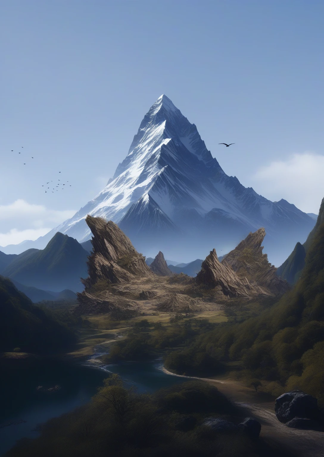 there are two birds that are sitting on a rock in the Mountains, giant imposing Mountain, Mountain in background, organic matte painting, Mountain in the background, large Mountain, "Matte Painting", "Matte", Mountain, Mountains in a background, gigantic Mountains, alien Mountains, 在瑞士阿尔卑斯Mountain, two Mountains in background, floating Mountains, Mountains on the background, destroyed Mountains