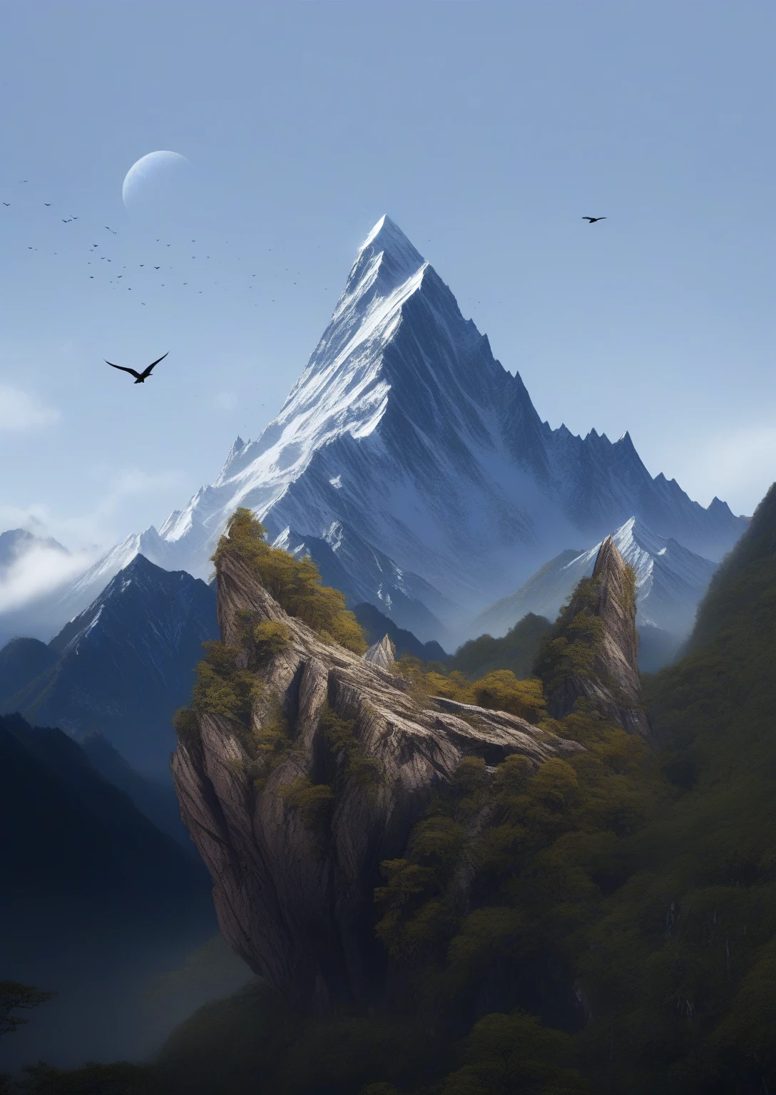 there are two birds that are sitting on a rock in the Mountains, giant imposing Mountain, Mountain in background, organic matte painting, Mountain in the background, large Mountain, &quot;Matte Painting&quot;, &quot;Matte&quot;, Mountain, Mountains in a background, gigantic Mountains, alien Mountains, 在瑞士阿尔卑斯Mountain, two Mountains in background, floating Mountains, Mountains on the background, destroyed Mountains